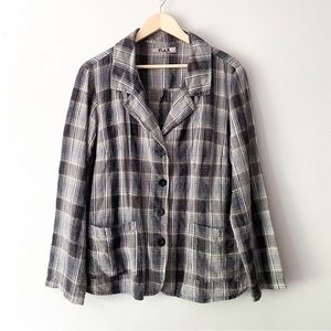 FLAX Neutral Plaid Career Casual Lagenlook Relaxed Fit 100% Linen Blazer Medium